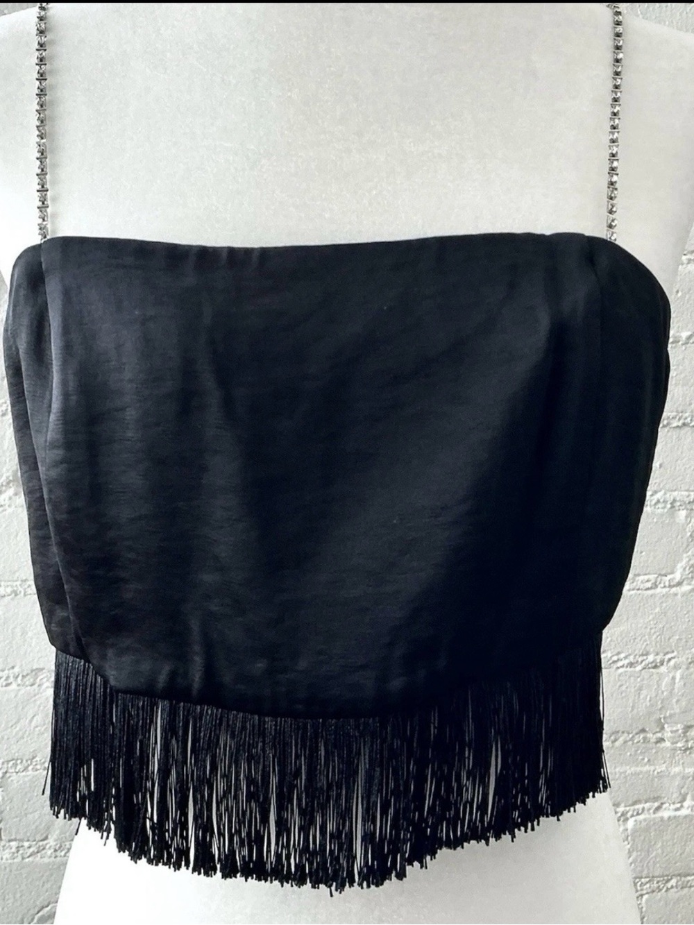 Black Fringe Cropped Corset Top Rhinestone Straps Glam Goth Festival Party US 8